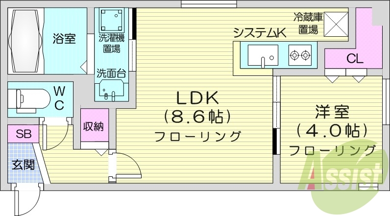 1LDK、エアコン、灯油暖房、システムキッチン、ネット無料