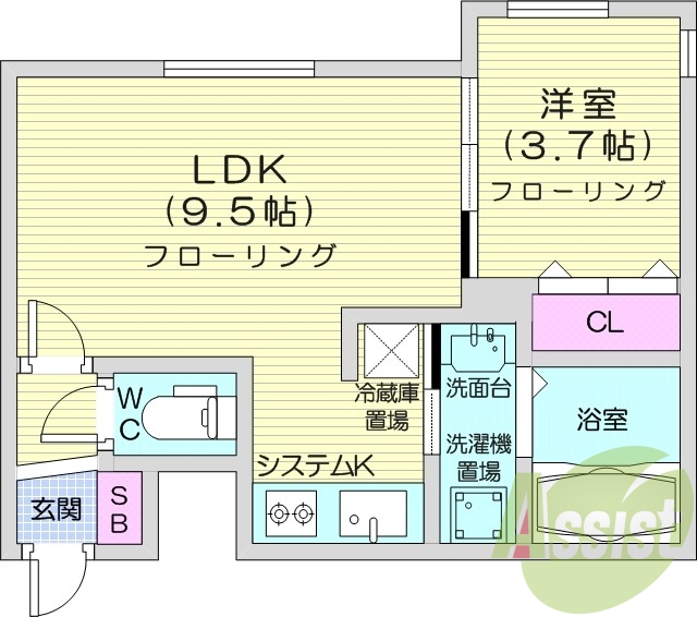 1LDK、エアコン、灯油暖房、システムキッチン、ネット無料