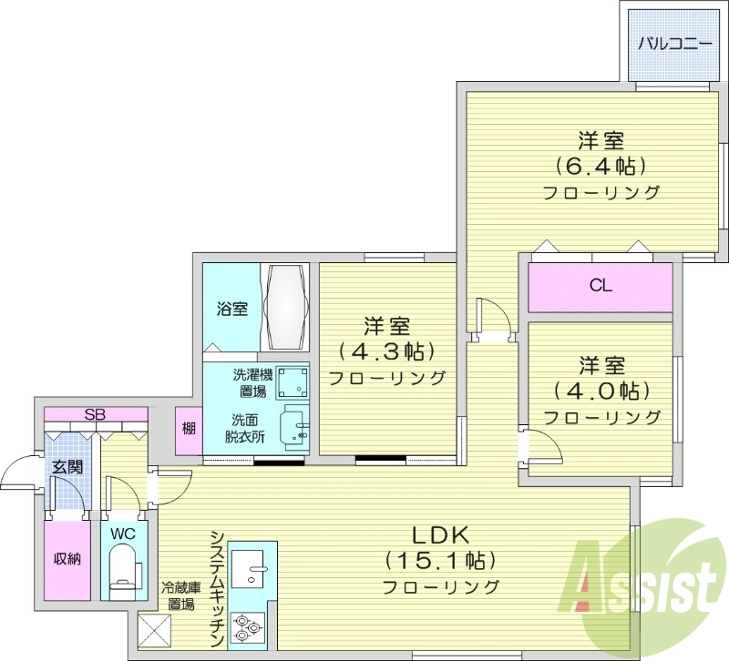 3LDK、システムキッチン、独立洗面台、浴室乾燥機