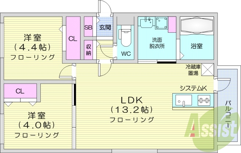 2LDK、エアコン、システムキッチン、追い焚き、浴室乾燥機