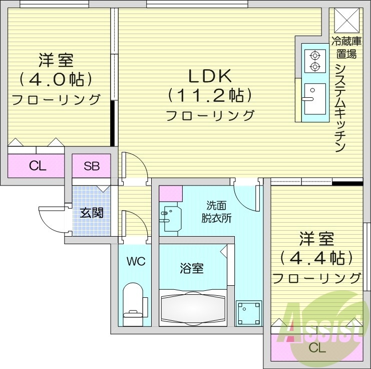 2LDK、システムキッチン、独立洗面台、浴室乾燥機