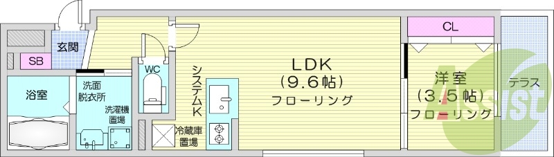 1LDK、都市ガス、エアコン、システムキッチン、