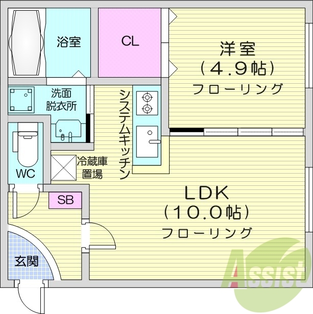 1LDK、灯油暖房、エアコン、独立洗面台、システムキッチン
