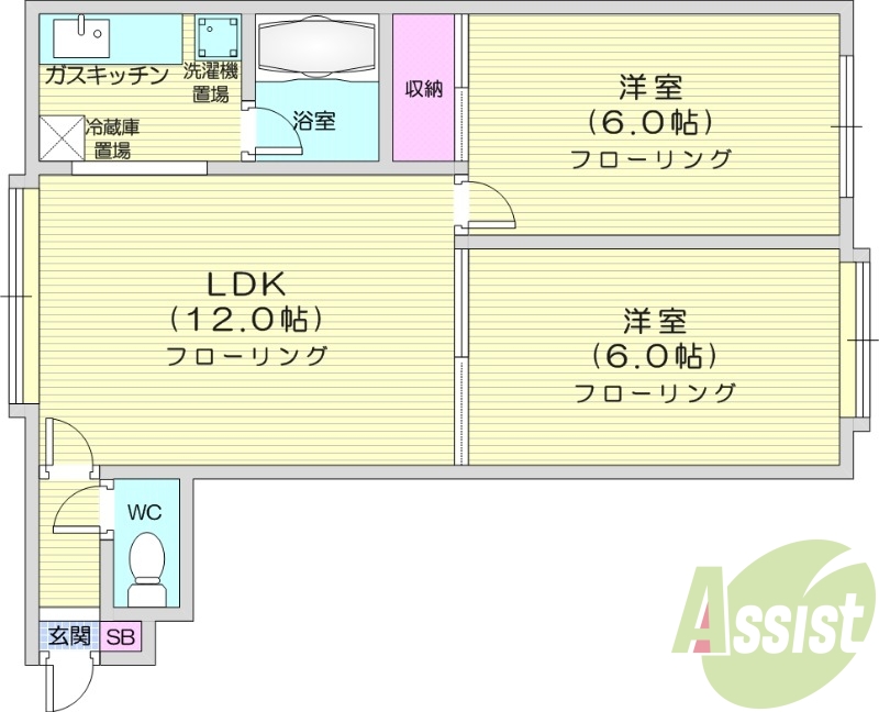 2LDK、灯油暖房、収納、洗濯機置場、ガス給湯器