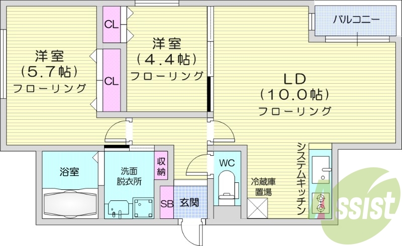 2LDK、都市ガス、エアコン、ネット無料、独立洗面台