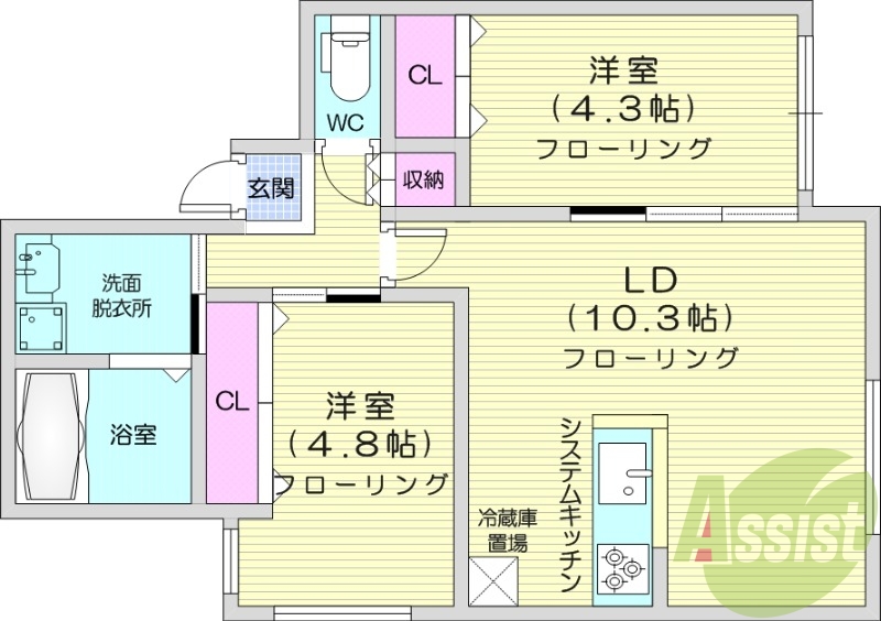 2LDK、都市ガス、エアコン、ネット無料、独立洗面台