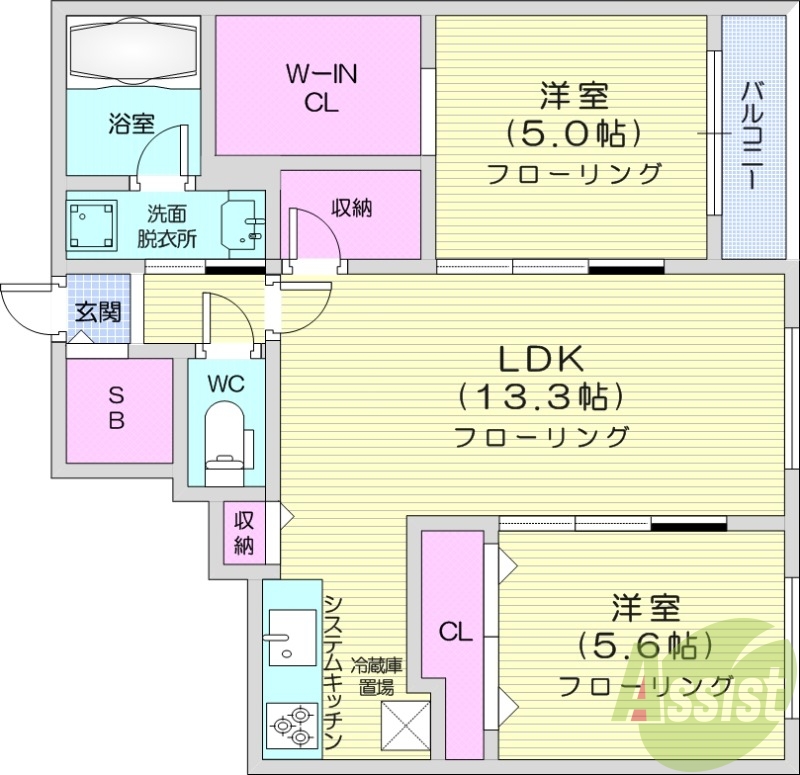 2LDK、都市ガス、追い焚き、エアコン、浴室乾燥機