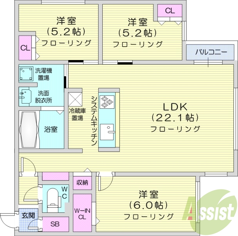 3LDK、都市ガス、衣類乾燥機、追い焚き、システムキッチン