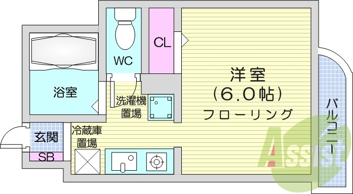 1R、分譲、エアコン、バス・トイレ別、ガス暖房、バルコニー