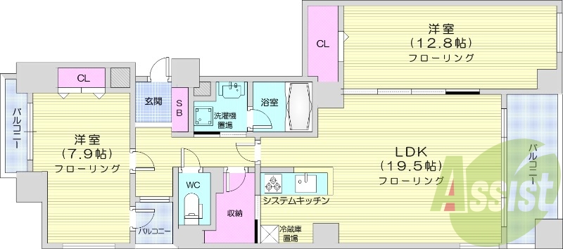 2LDK、バルコニー、クローゼット、追い焚き、浴室乾燥機