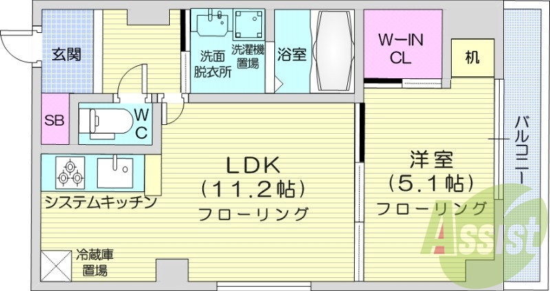 1LDK、ウォークインクローゼット、洗面脱衣所