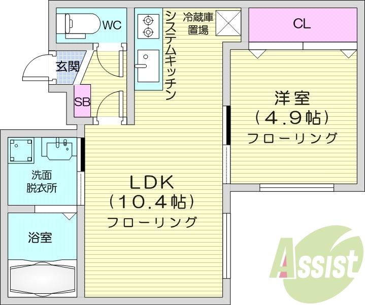 1LDK、都市ガス、エアコン、システムキッチン