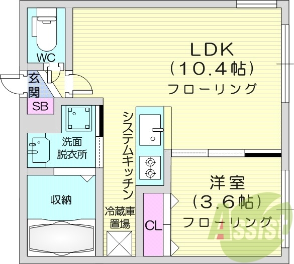 1LDK、エアコン、システムキッチン、独立洗面台
