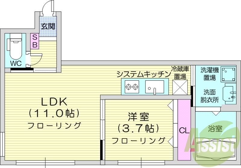 1LDK、エアコン、システムキッチン、独立洗面台