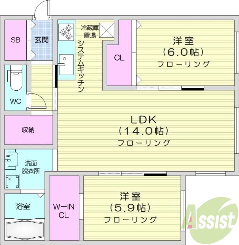 2LDK、都市ガス、エアコン、システムキッチン