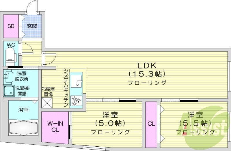 2LDK、都市ガス、エアコン、システムキッチン