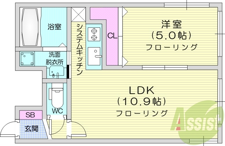 1LDK、エアコン、独立洗面台、オートロック