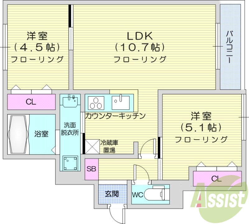 2LDK、ネット使用料無料、システムキッチン、エアコン