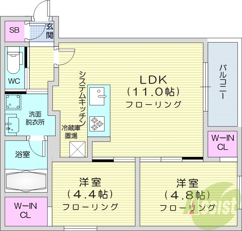 2LDK、エアコン、追い焚き、浴室乾燥機、システムキッチン
