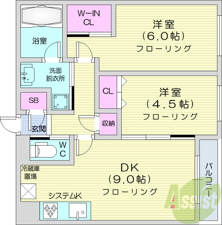 2DK、エアコン、追い焚き、浴室乾燥機、システムキッチン