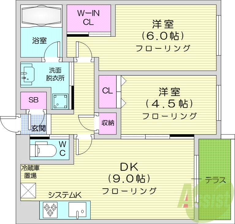 2DK、エアコン、追い焚き、浴室乾燥機、システムキッチン