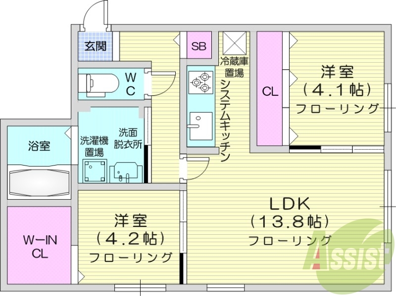 2LDK、システムキッチン、エアコン、浴室乾燥機