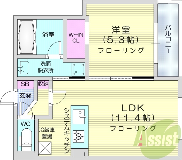 1LDK、エアコン、追い焚き、浴室乾燥機、システムキッチン