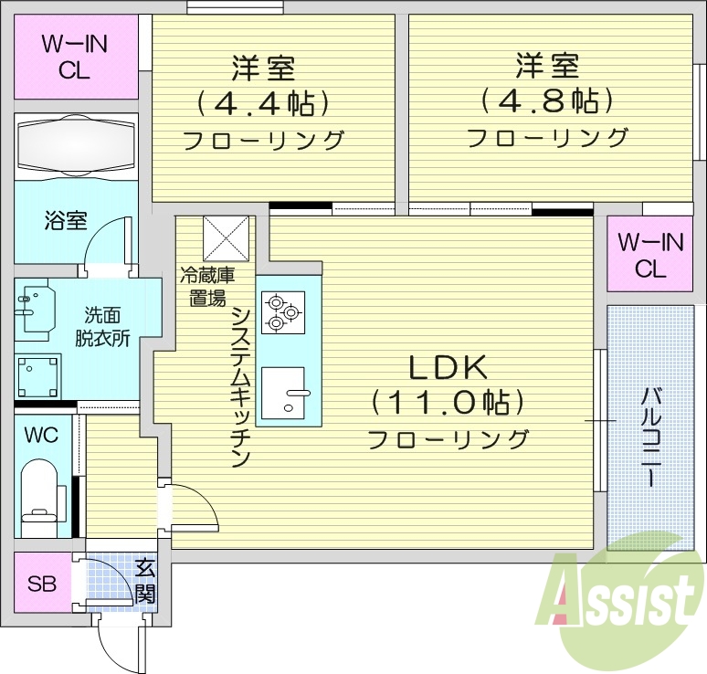 2LDK、エアコン、追い焚き、浴室乾燥機、システムキッチン