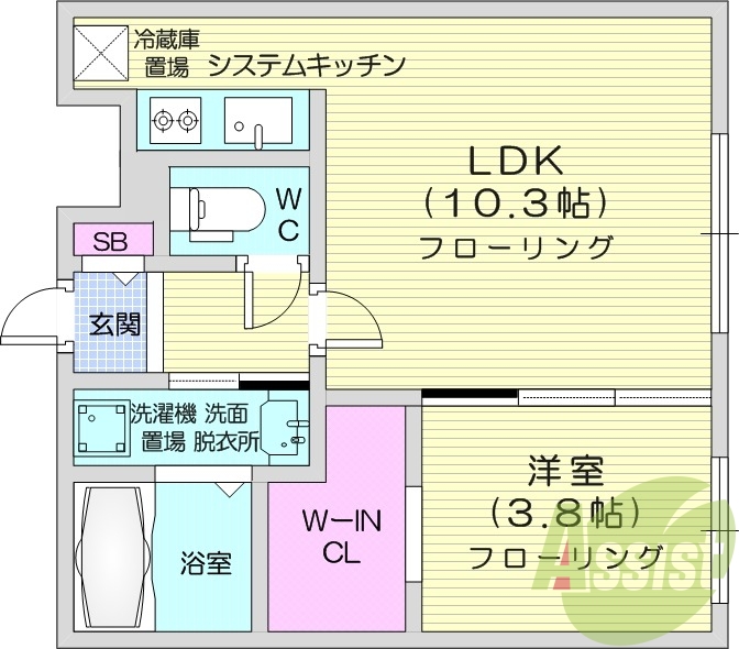 1LDK、システムキッチン、浴室乾燥機、エアコン