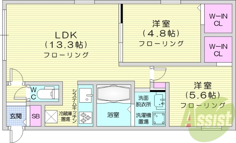 2LDK、システムキッチン、浴室乾燥機、エアコン