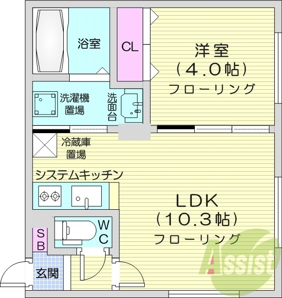1LDK、都市ガス、エアコン、浴室乾燥機、システムキッチン