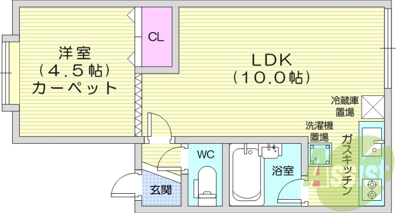 1LDK、シャワートイレ、バストイレ別、ガスキッチン