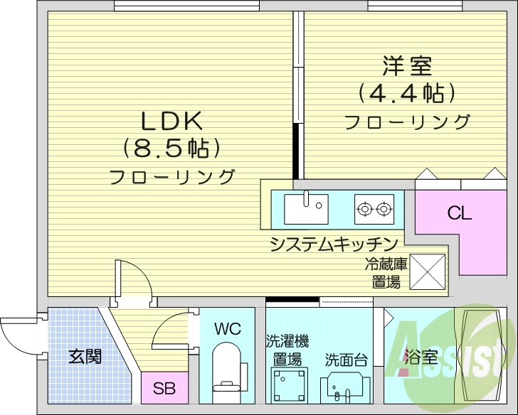 1LDK、エアコン、独立洗面台、システムキッチン、浴室乾燥機