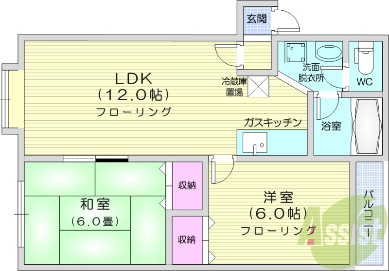 2LDK、独立洗面台、バストイレ別、室内洗濯機置場