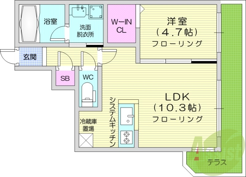 1LDK、都市ガス、エアコン、ネット無料、システムキッチン