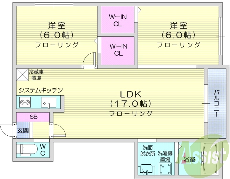 2LDK、1坪バス、追い焚き、トランクルーム