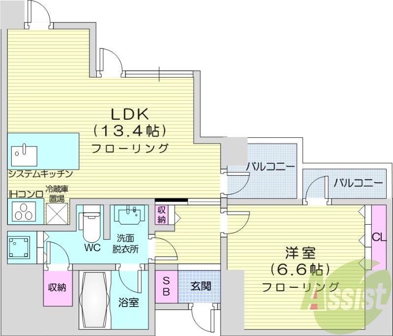 1LDK、エアコン、光ファイバー、システムキッチン
