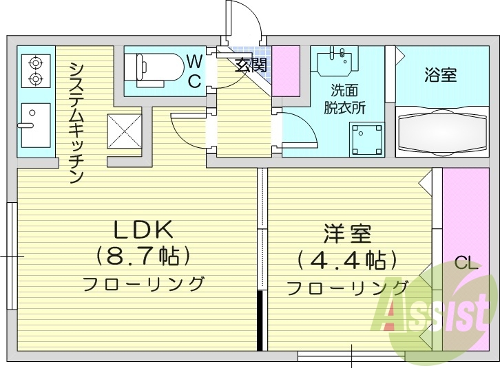 1LDK、ネット無料、エアコン、システムキッチン