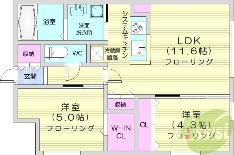 2LDK、都市ガス、エアコン、システムキッチン