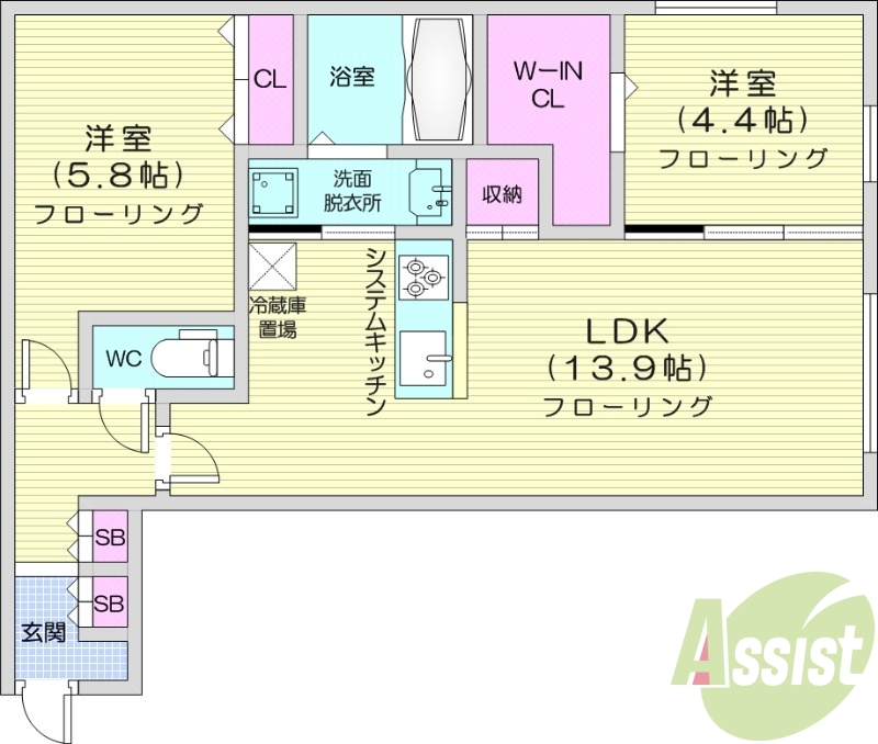2LDK、都市ガス、エアコン、システムキッチン