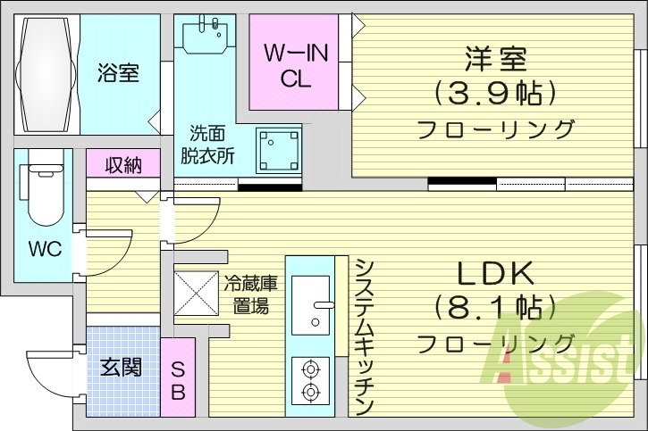 1LDK、都市ガス、エアコン、システムキッチン