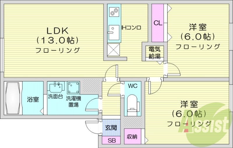 2LDK、エアコン、ネット無料、オール電化