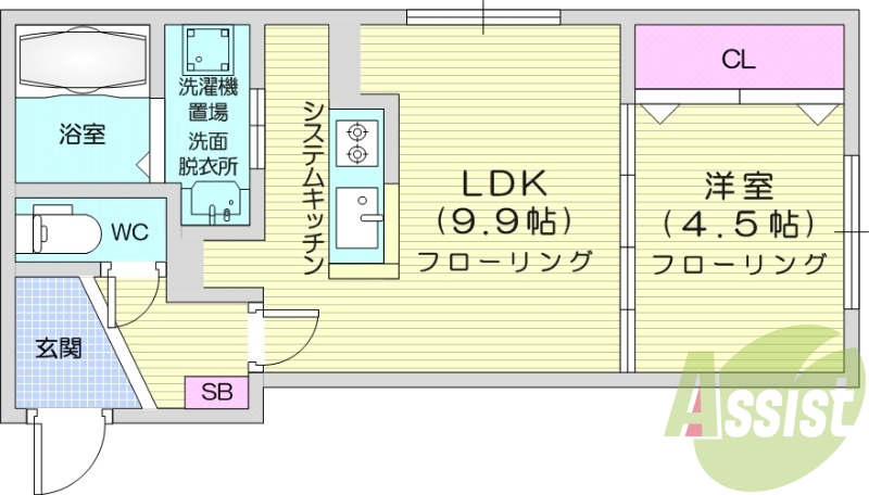 1LDK、システムキッチン、エアコン、都市ガス。