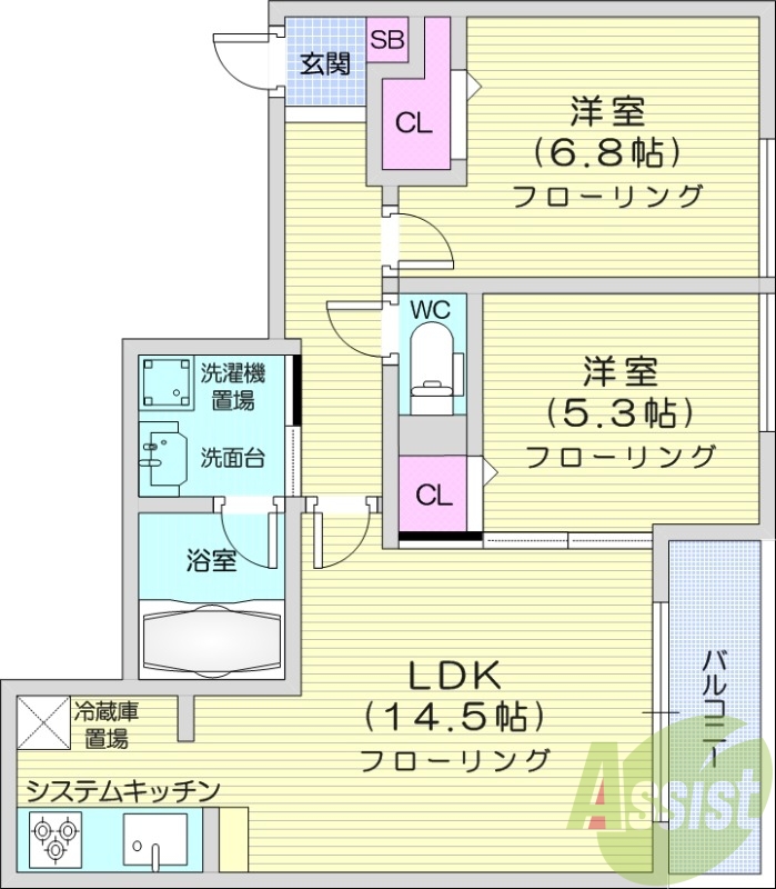 2LDK、都市ガス、エアコン、独立洗面台、システムキッチン
