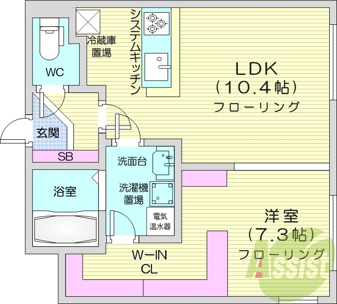 1LDK、都市ガス、追い炊き、独立洗面台、システムキッチン