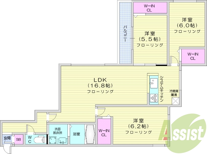 3LDK、システムキッチン、エアコン、宅配ボックス