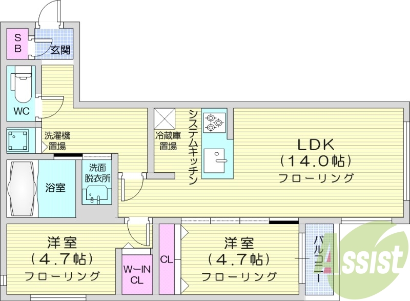 2LDK、システムキッチン、エアコン、都市ガス