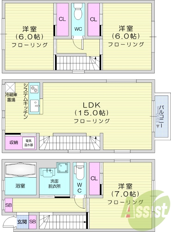 3LDK、ペット可、無料駐車場2台、インターネット無料