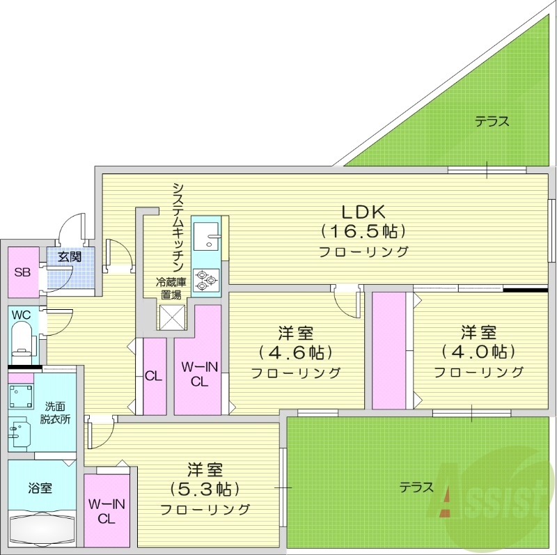3LDK、都市ガス、エアコン、ガス暖房、ネット無料