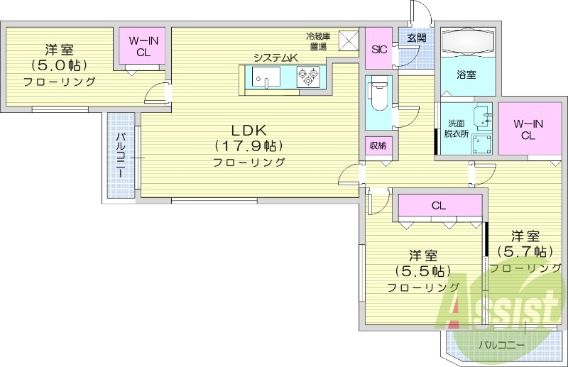 3LDK、システムキッチン、エアコン、宅配ボックス